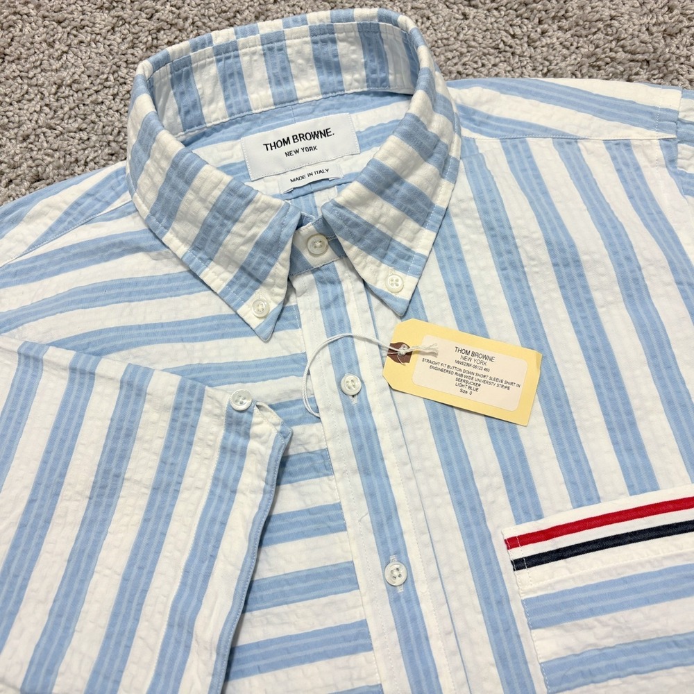 NWT Thom Browne Shirt Button Down Short Sleeves Seersucker Uni Stripe Mens 0